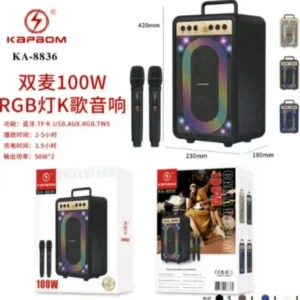 Caixa De Som Alto Falante De Ktv Bluetooth com luz RGB 100W e 2microfone Kapbom KA-8836