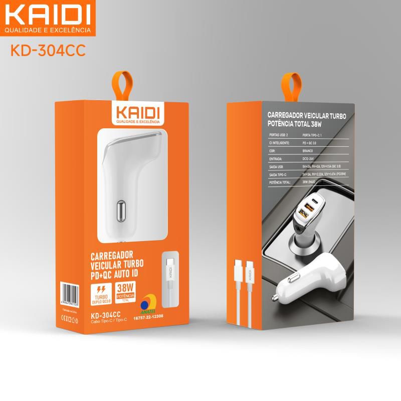 Carregador Kaidi KD 304CC Veicular Turbo 38w Cabo Tipo c P Tipo C PD E 