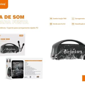 Caixa De Som Bluetooth A Prova D'agua IPX6 Peining PEI-SP02 400w  C/2microfones sem fio