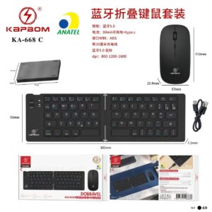 Teclado Dobravel e mouse sem fio bluetooth Kapbom KA-668 C
