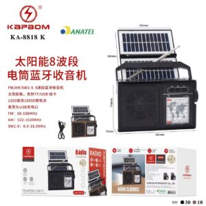 Radio Retro Solar Bluetooth de 8 bandas alimentada dor energia Kapbom KA-8818 K