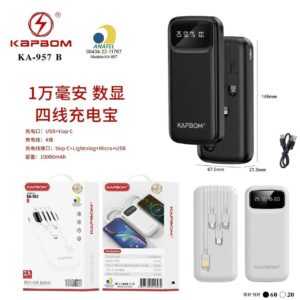 Carregador Power Bank KAPBOM KA-957 B 4em1 10000mah Portatil Com Cabo V8/ Tipo c/ Iphone