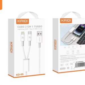 Cabo turbo Kaidi KD-05 usb 2 in1 pra iphone e tipo c 20w/30w 1,2m