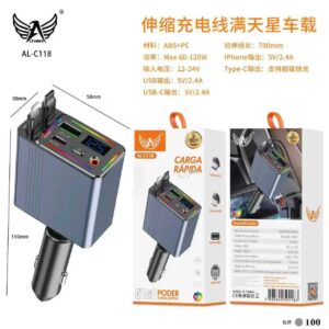 Carregador Veicular 120w com RGB Altomex AL-C118 Cabos Iphone e Tipo C