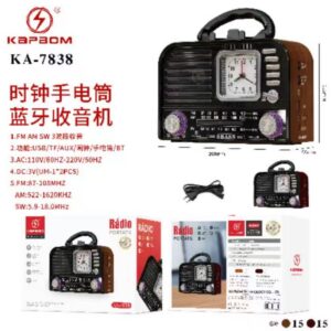 Radio Retro com Relogio Bluetooth Com 3 Bands Kapbom KA-7838