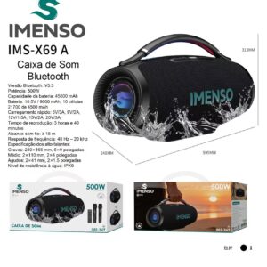 Caixa De Som IMENSO IMS-X69 500W C/2 microfone sem fio Resistente a'agua