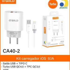 Carregador turbo A'gold 40w Usb para Iphone CA40-2 9,1A